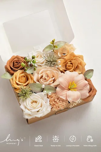 Vista 5 de Ling's moment Caja de flores falsas, tallos de vegetación artificiales artificiales, rosas de espuma, dalia, gardenia, tulipán, flor fábica de seda