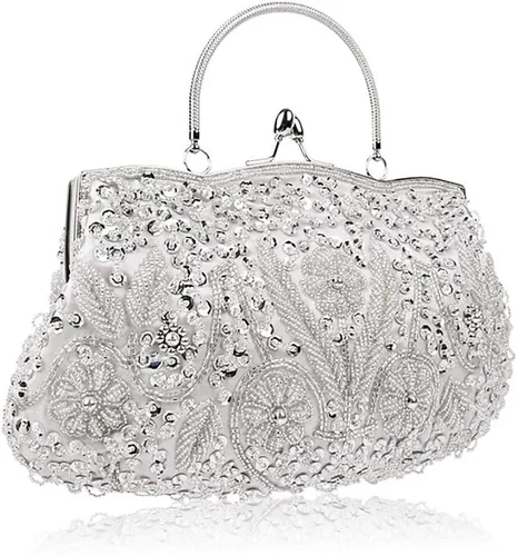 Vista 6 de Vistatroy Bolso de noche de diseño floral con cuentas con diseño de lentejuelas vintage cierre de beso bolso de mano de satén bolso de mano