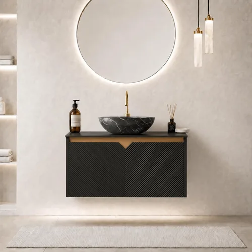Vista 26 de Vanidad de baño flotante de 24 pulgadas con fregadero, gabinete estriado Fregadero de cerámica negro + negro