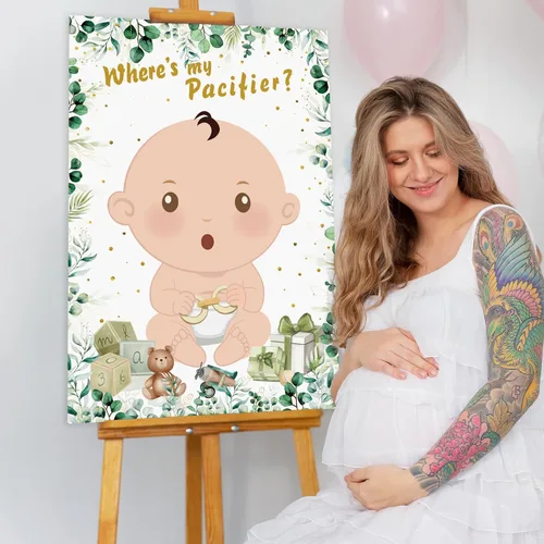 Vista 5 de Hxezoc Juegos de baby shower Pin The Chupete en el juego del bebé con 36 calcomanías para chupete, juegos de póster de bebé verde grande para fiesta
