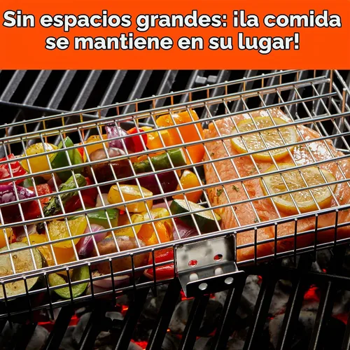 Vista 6 de Cesta de parrilla ajustable con mango extraíble – 4 niveles de altura para verduras, carne, pescado y más – Cesta de barbacoa con tapa de bloqueo