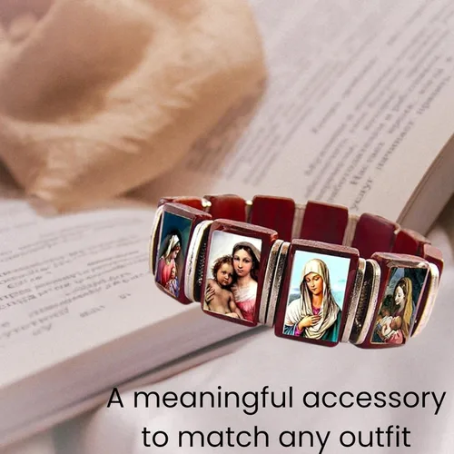 Vista 8 de Catholica Shop Madonna Images - Pulsera devocional elástica de madera. Ropa católica para mujer. Hecho en Brasil