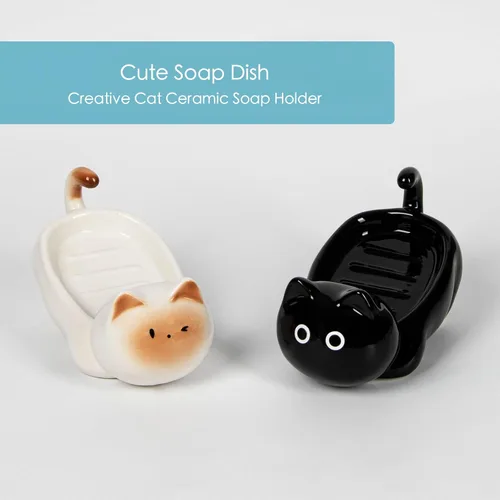 Vista 9 de Jabonera de cerámica para gatos, barra autodrenante para ducha, bandeja de jabón decorativa para lavabo de baño, encimera de cocina, bandeja Negro