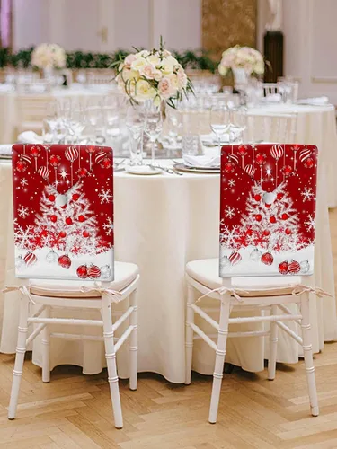 Vista 6 de Fundas para respaldo de silla de comedor, bolas de Navidad con diseño de copo de nieve en color rojo de invierno, fundas para sillas de cocina Árbol