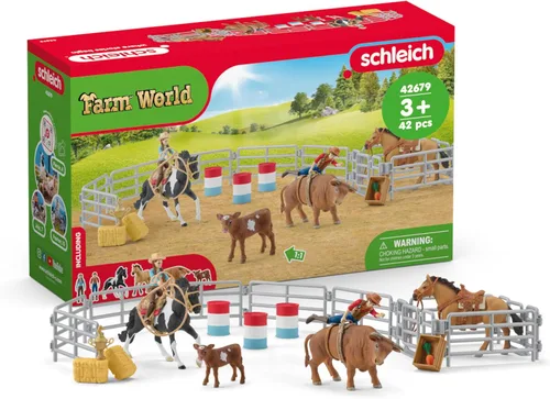 Vista 7 de Schleich Farm World - Juego de carreras de rodeo de 2 barriles, juego de carreras de rodeo con vaquera y caballo, juguetes y accesorios realistas