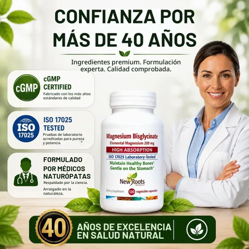 Vista 8 de New Roots Herbal Bisglicinato de magnesio, 120 cápsulas de suministro para 120 días, 200 mg de magnesio elemental para dormir, corazón, función