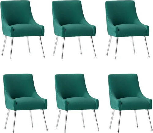 Vista 29 de Sillas de comedor de estilo moderno de terciopelo tapizado, silla de acento de tocador con barra vertical, silla capitonada con patas plateadas