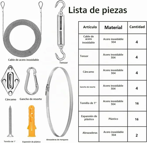 Vista 6 de Kit de accesorios para toldo, kit de accesorios para toldo con cuerda de alambre de acero inoxidable 304 para velas Kit de 50 piezas