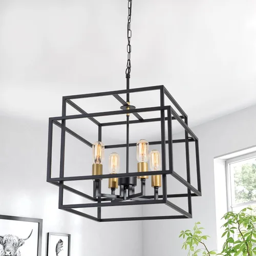 Vista 5 de Maxax Lámpara de araña cuadrada moderna, 4 luces colgantes de granja, para isla de cocina, comedor, dormitorio, sala de estar, acabado negro y dorado