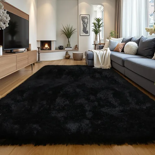 Vista 79 de KICHOWUA - Tapete grueso y esponjoso de 3 x 5 pies, color negro, ultrasuave, lavable, antideslizante, acogedor y peludo, para sala, dormitorio
