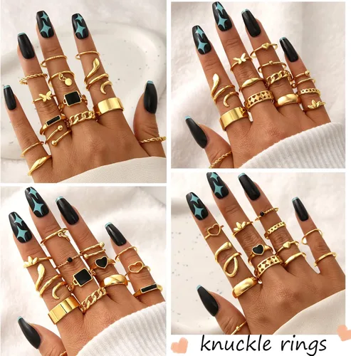 Vista 4 de FAXHION Juego de 27 anillos dorados para nudillos para mujeres y niñas, anillos de dedo de serpiente bohemios apilables vintage, paquete de anillos