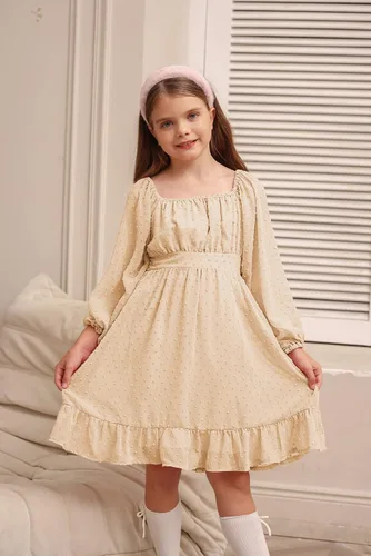 Vista 2 de GRACE KARIN Vestido escalonado con volantes para niñas, vestido acampanado de manga larga con lunares suizos, 6-12 años