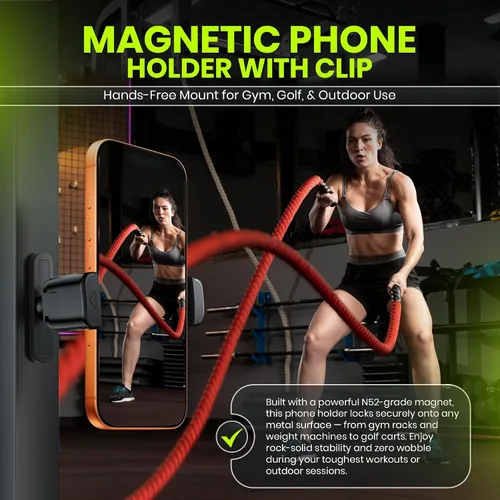 Vista 2 de Soporte magnético para teléfono para gimnasio con imán N52 y clip seguro, fuerte soporte magnético para teléfono para todos los teléfonos, se fija a
