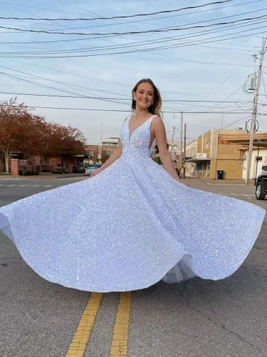 Vista 3 de Joustavuus Vestido de fiesta de lentejuelas con cuello en V, largo, formal, vestido de fiesta con tirantes delgados brillantes y bolsillos