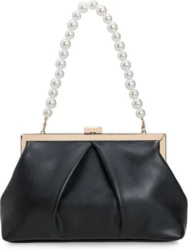 Vista 13 de CHARMING TAILOR Bolso de mano de piel sintética con marco de metal de PU fruncido, bolsa de noche formal con perla