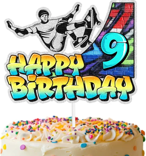 Vista 9 de Decoración de pastel de patineta retro hip hop, temática musical de décimo cumpleaños, decoración de grafiti feliz para niños y niñas, decoración