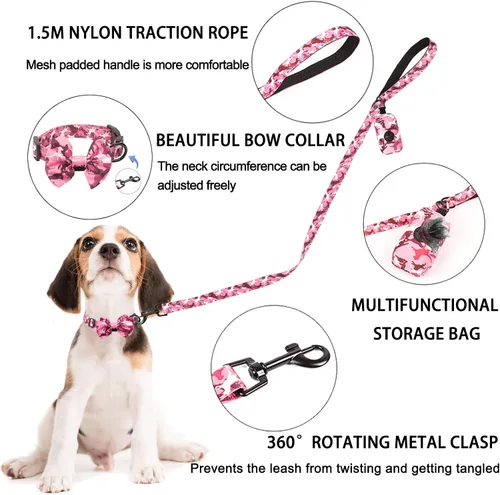 Vista 3 de Juego de arnés y correa para perros pequeños, ajustable, reflectante, sin tirones, chaleco para cachorro con collar de corbatín, correa y bolsa