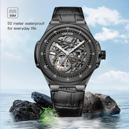 Vista 8 de Men's Unique Personality Watch 21Jewell Mechanical Black Luminous Hands Skeleton Design with Large Black Dial Easy to Read Creative Watches