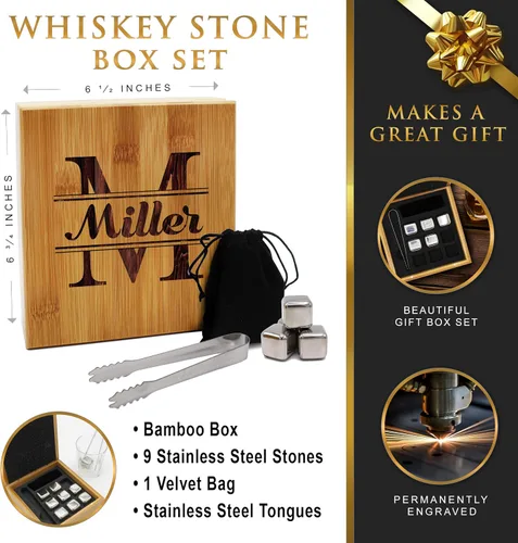 Vista 2 de The Wedding Party Store Juego de regalo personalizado de piedra de whisky, caja de piedras grabadas personalizadas (nombre y estilo inicial)