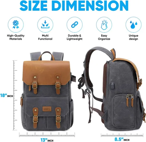 Vista 6 de JAEP Mochila para Cámara - Resistente a la Intemperie, Lona Encerada de Memoria de 16 Onzas – Mochilas DSLR SLR con compartimento para funda