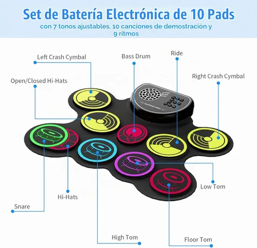 Vista 2 de Miortior Juego de batería electrónica, 10 almohadillas enrollables, almohadilla de práctica con pedales de batería y palos, altavoz integrado