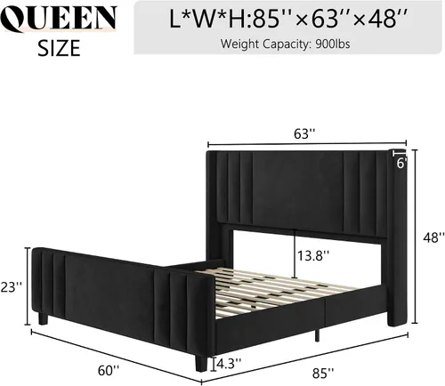 Vista 2 de AMERLIFE Armazón de cama tamaño Queen, plataforma tapizada de terciopelo con cabecera capitonada de canal vertical y pie de cama/respaldo alto, base
