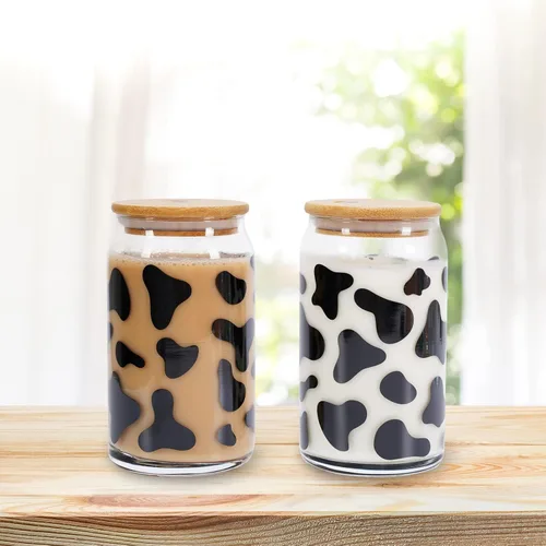 Vista 7 de Whaline Paquete de 2 vasos de bebida de vaca de 16 onzas con estampado de vaca, taza de café helado de vaca con tapas, cepillos de limpieza