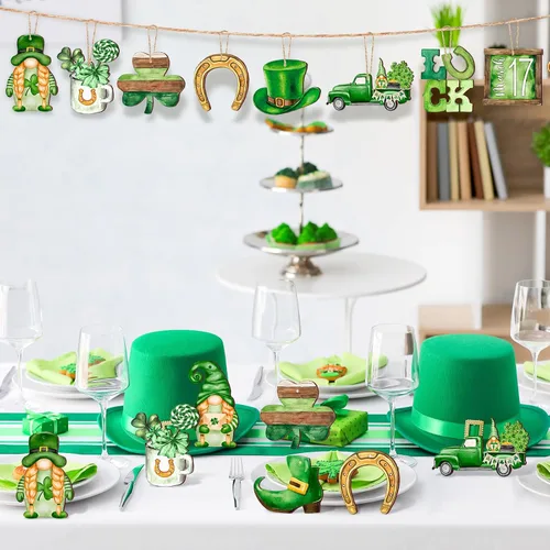 Vista 5 de Spiareal 36 piezas Adornos de día de San Patricio en madera, adorno colgante de trébol verde, gnomo verde, camión, recorte de madera, decoración