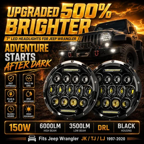 Vista 2 de JHLion - Faros delanteros LED de Jeep Wrangler, 7 pulgadas para Jeep Wrangler JK/TJ/LJ 1997-2020, 150W, faros redondos LED aprobados por DOT, 500%