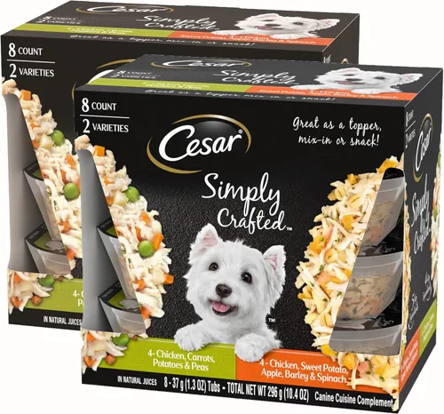 Vista 13 de CESAR SIMPLY CRAFTED - Alimento húmedo suave para perros adultos, paquete variado de pollo, zanahorias, patatas y guisantes y carne de res, pollo