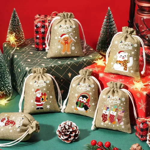 Vista 3 de FLOE 72 piezas Bolsas de regalo de Navidad de arpillera con cordón, bolsas de lino de Navidad con cordón para golosinas, bolsas de regalo de Navidad