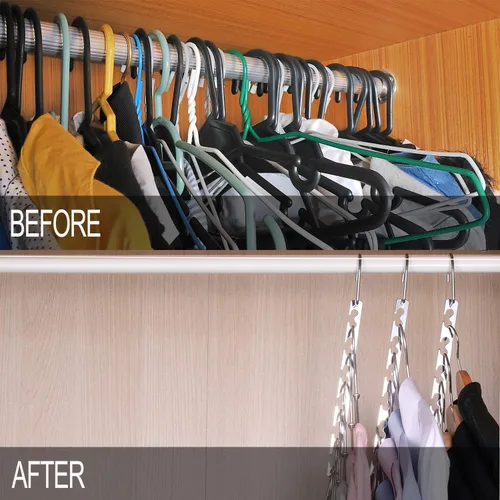 Vista 2 de Meetu - Perchas de ahorro de espacio multi funcionales para ropa de acero inoxidable, 6 x 2 ranuras para colgar en cascada, gancho actualizado