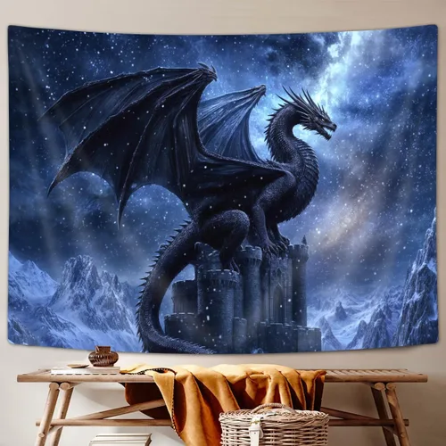 Vista 2 de JAWO Tapiz de dragón de fantasía, tapiz de galaxia azul castillo de animales geniales para colgar en la pared para niños y hombres, tapices, manta