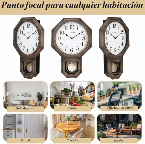 Vista 5 de CLXEAST Reloj de Pared de Péndulo, Relojes de Pared de Péndulo Regulador de Escuela Grandes para Decoración de Sala de Estar, Plástico con Acabado