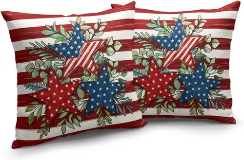 Vista 48 de Juego de 2 fundas de almohada de 16 x 16 pulgadas, diseño patriótico de bandera estadounidense con estrellas para exteriores, estilo casa de campo