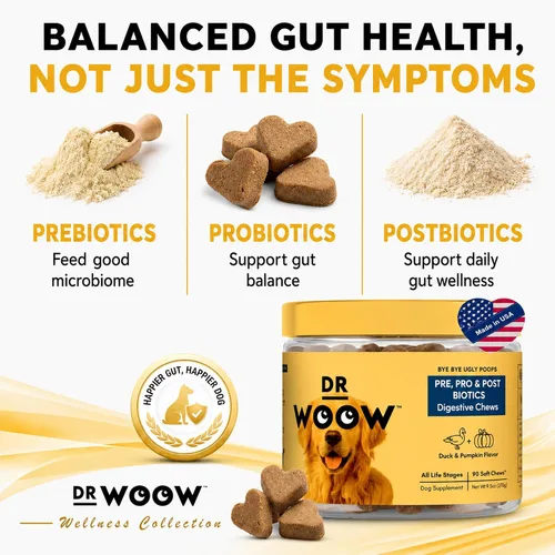 Vista 3 de Dr. Woow Probióticos para perros, apoyo digestivo, prebióticos y postbióticos, 90