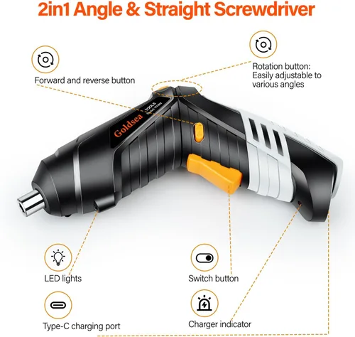 Vista 2 de Destornillador eléctrico Goldsea 4.2V inalámbrico 3.5N.m 1500mAh Carga tipo C 10 piezas de puntas de destornillador vástago hexagonal de 1/4" mango