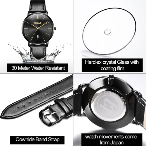 Vista 4 de OLEVS Reloj para hombre, de lujo, ligero, de cuero, impermeable, con movimiento japonés, para hombre, con fecha, calendario, minimalista, ultrafino