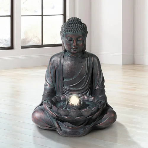 Vista 2 de Buda meditando de 24" de alto, fuente de piso de resina grande Zen Asiático para interiores y exteriores con luz LED, fuente de burbujas de agua
