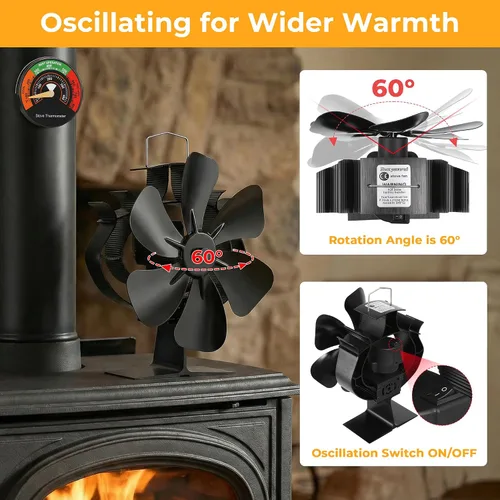 Vista 2 de XTIMES Ventilador de estufa de leña oscilante, ventilador de chimenea con termómetro magnético, ventilador termoeléctrico para estufa