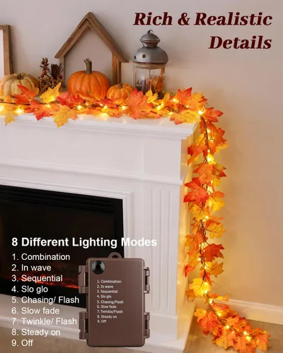 Vista 3 de Guirnalda de otoño de 60 luces LED de 9.8 pies con luces, 8 modos de iluminación, luces de hojas de arce alimentadas por pilas, decoraciones