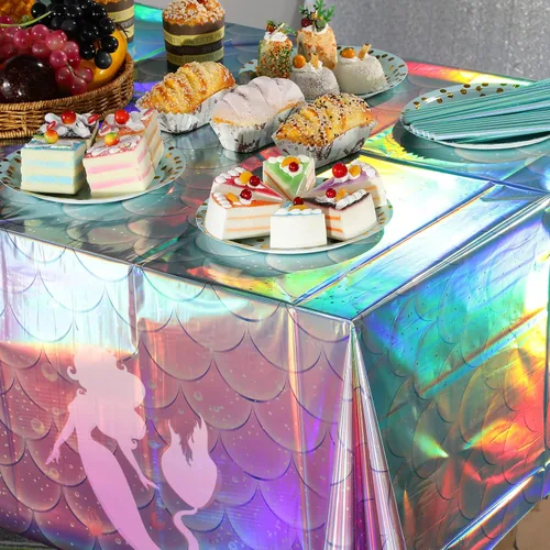 Vista 5 de 1 mantel de plástico iridiscente de sirena, manteles desechables con láser de sirenas, funda de mesa desechable para niñas, cumpleaños, bodas