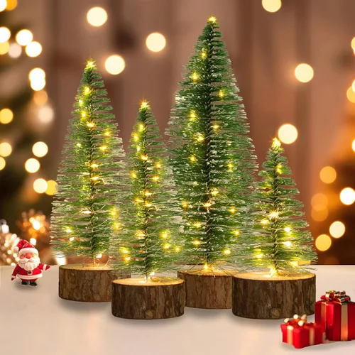 Vista 8 de 4 mini árboles de Navidad con luces, 4 tamaños de árboles de Navidad artificiales Battery Powered Bottle Brush Christmas Trees with 2 Modes Timer