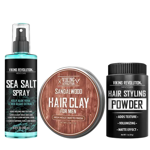 Vista 10 de Viking Revolution Spray de sal marina para hombres (8 fl oz), aceite hidratante para el cabello para hombres con vitamina E (3.38 fl oz) y polvo