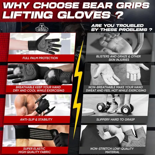 Vista 5 de Bear Grips Guantes de levantamiento de pesas para hombres y mujeres Guantes de levantamiento de medio dedo Guantes de entrenamiento de dedo dedo