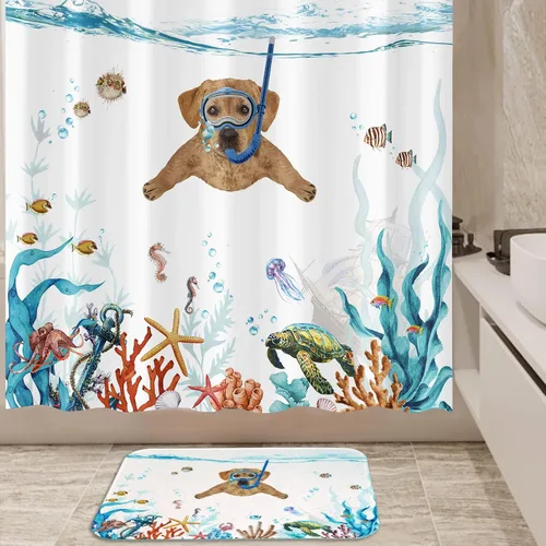 Vista 4 de Fowocu Divertidas alfombras de baño pequeñas para perro, alfombras de baño de animales marinos y océanos, absorbentes de agua, antideslizantes
