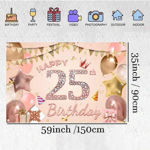 Vista 2 de Cartel de tela con texto en inglés "Happy 25th Birthday" para mujer jovencita/mujer de 25 años, cartel de tela para fiesta de cumpleaños de 25 años