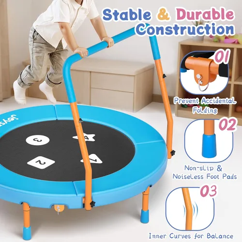 Vista 2 de 3FT Toddler Trampoline with Adjustable Handlebar, 36" Foldable & Spring-Free, Mini Kids Indoor Outdoor Trampoline for Ages 1-6, Noiseless Jumping