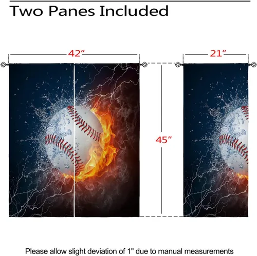 Vista 3 de Cortinas opacas de béisbol para niñas y niños, decoración del hogar, iluminación deportiva de fuego y agua, con ojales, aislamiento térmico