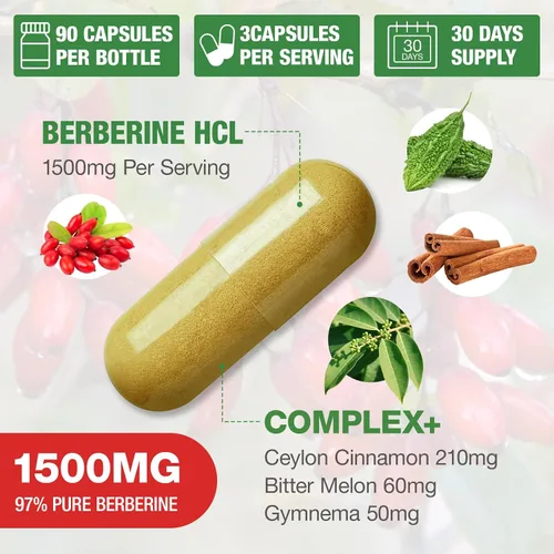 Vista 2 de Suplemento de berberina de 1500 mg – Berberina HCl de primera calidad 97% pureza más canela de Ceilán pura, berberina de alta potencia para hombres